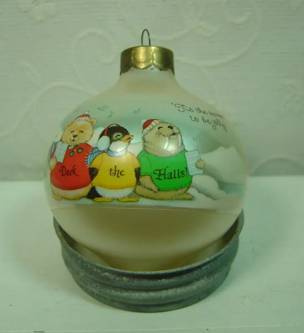 VINTAGE HALLMARK ORNAMENT-TEARDROP GLASS BALL-DECK THE HALLS SHIRT TALES-1983